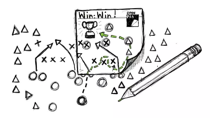An illustration of a football play representing theory of change and success