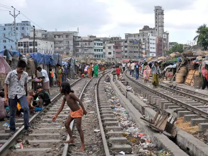 Shacks along the railway tracks in Dhaka, the capital of Bangladesh